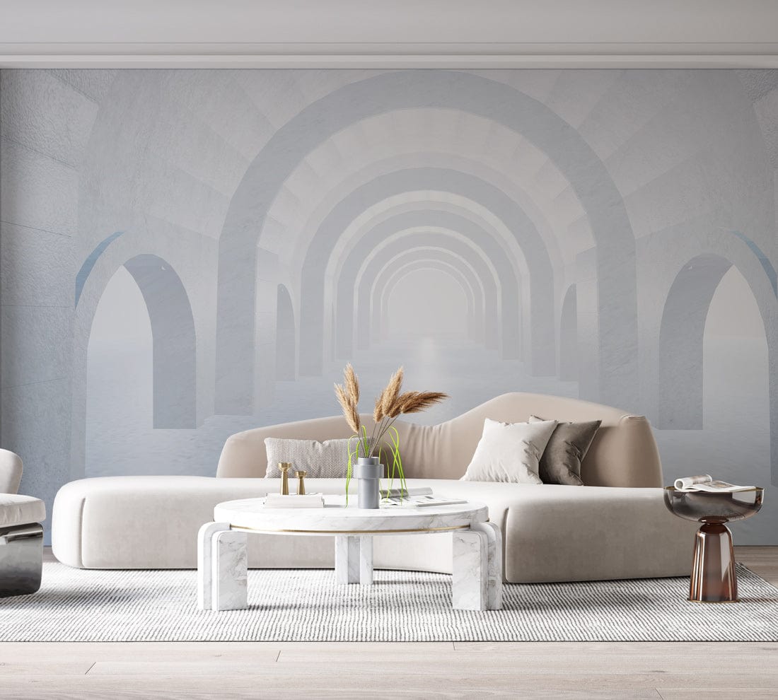 Elegant soft white archway mural wallpaper in modern living room with stylish beige sofa decor.