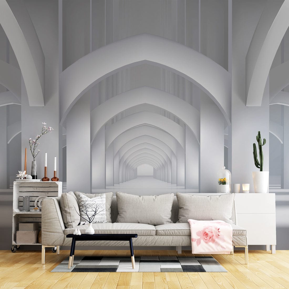 Elegant minimalist white archway mural wallpaper in modern living room with grey sofa, wooden flooring.