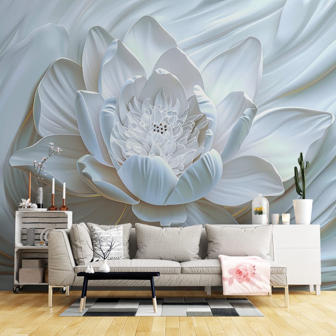 Elegant white lotus mural wallpaper, serene living room, grey sofa, light wood flooring, artistic decor.