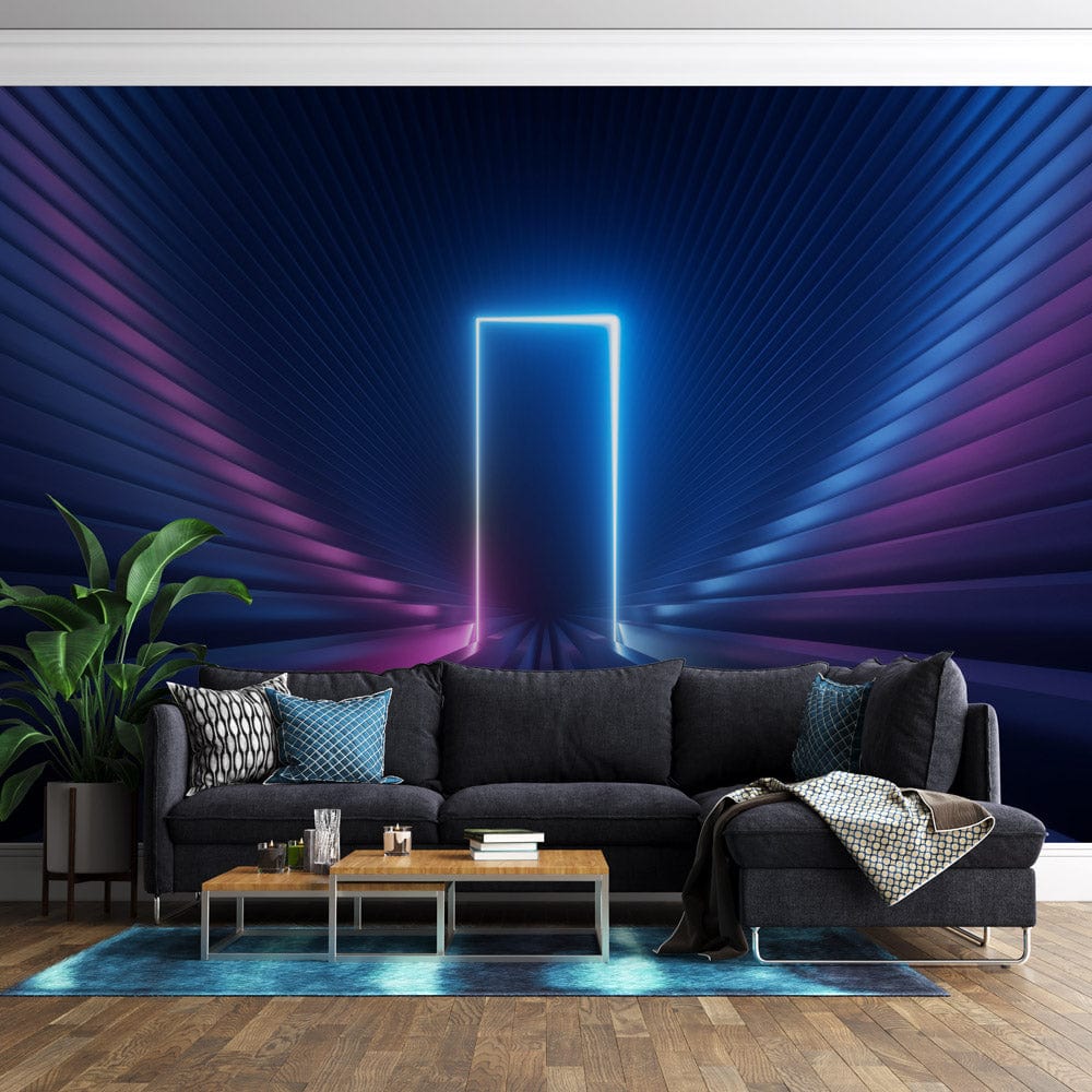 Futuristic neon geometric Art Deco mural, black sofa, wooden floor, plant decor, modern living room.