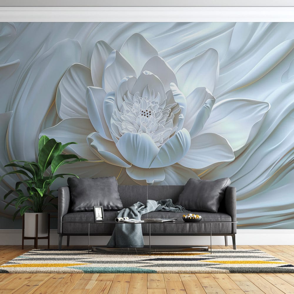 Elegant White Lotus Blossom mural in modern living room with grey sofa, wooden floor, vibrant rug.