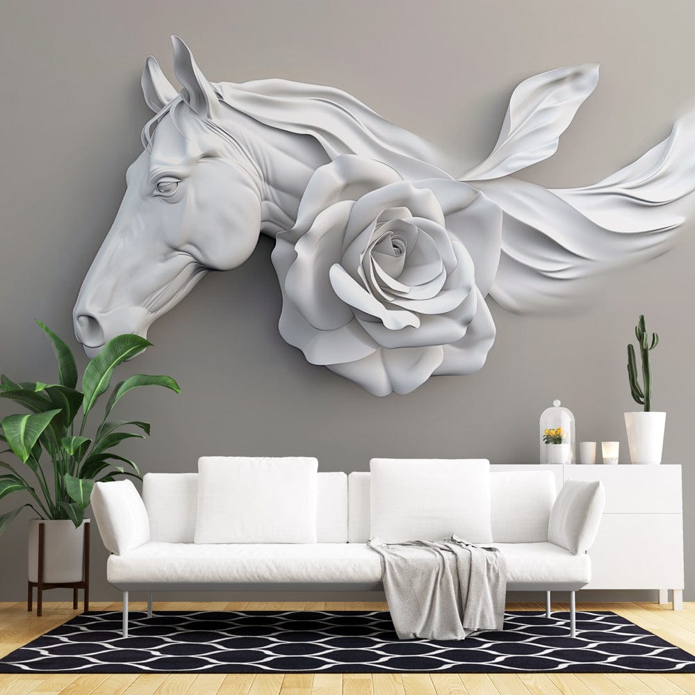 Elegant mural wallpaper with 3D horse, rose design; white sofa; geometric rug; modern living room.