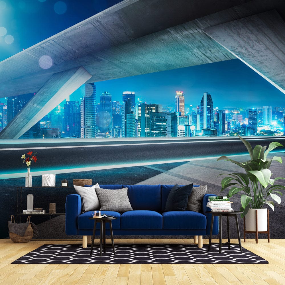 Futuristic Night Cityscape Mural Wallpaper: Vibrant Blue Urban Skyline ...
