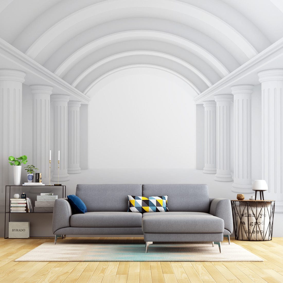 Modern Classical White Pillars Wallpaper in living room with grey sofa, light wood flooring, contemporary decor.