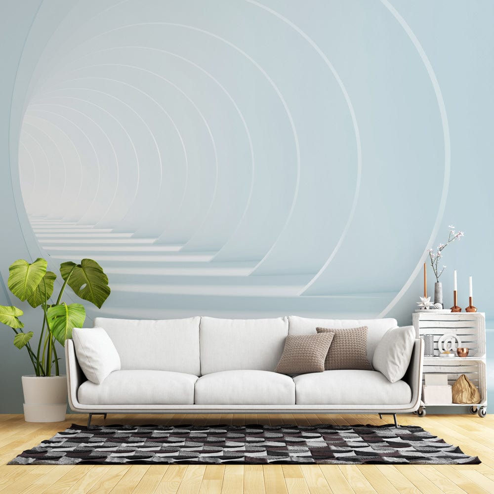 Modern White Tunnel Illusion Mural Wallpaper, contemporary room with white sofa, wooden flooring.