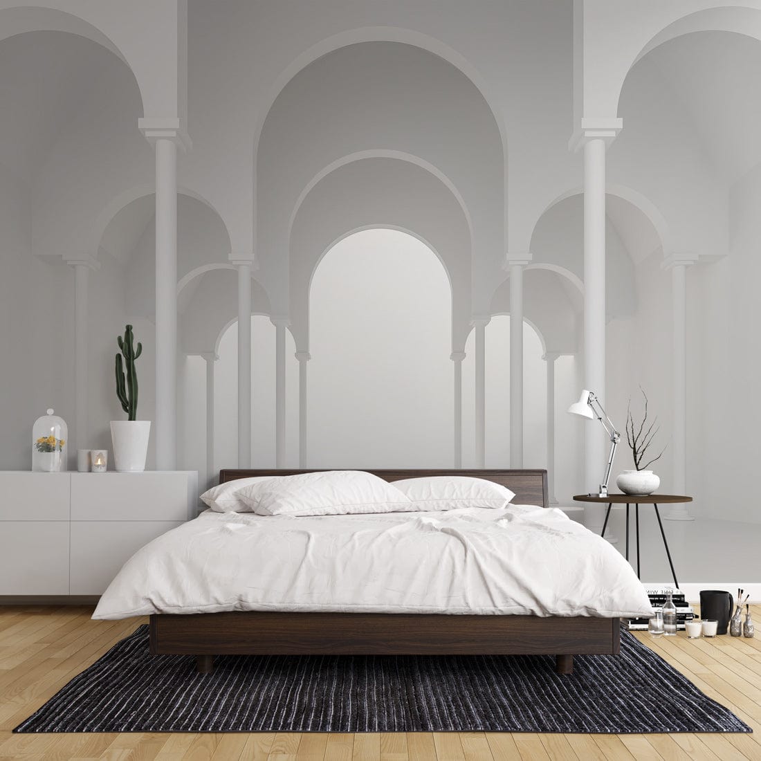 Elegant White Archway Mural Wallpaper in modern bedroom with wooden flooring and minimalist decor.