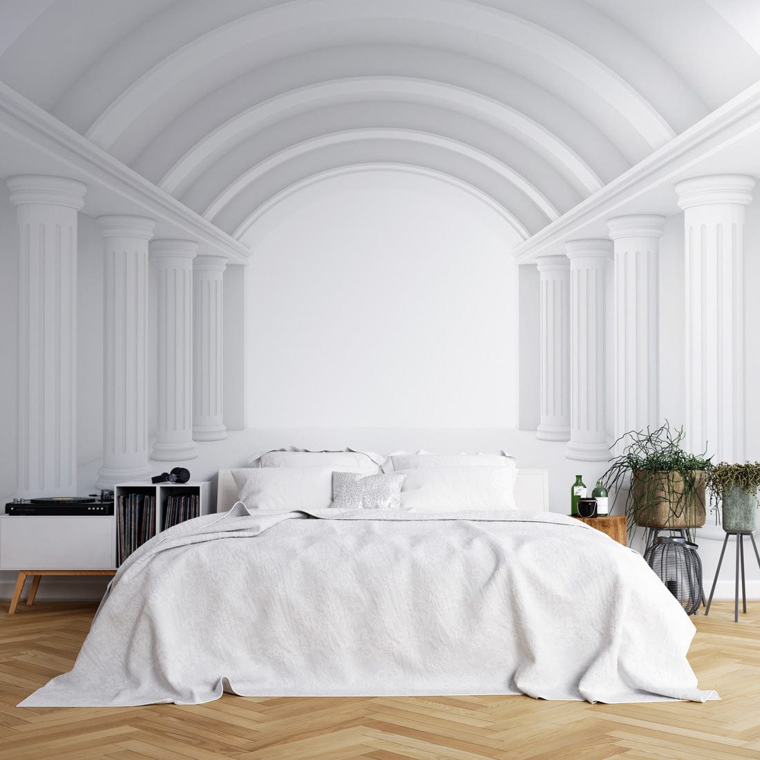 Modern classical wallpaper with white pillars, elegant bedroom, white bedding, herringbone flooring, architectural design.