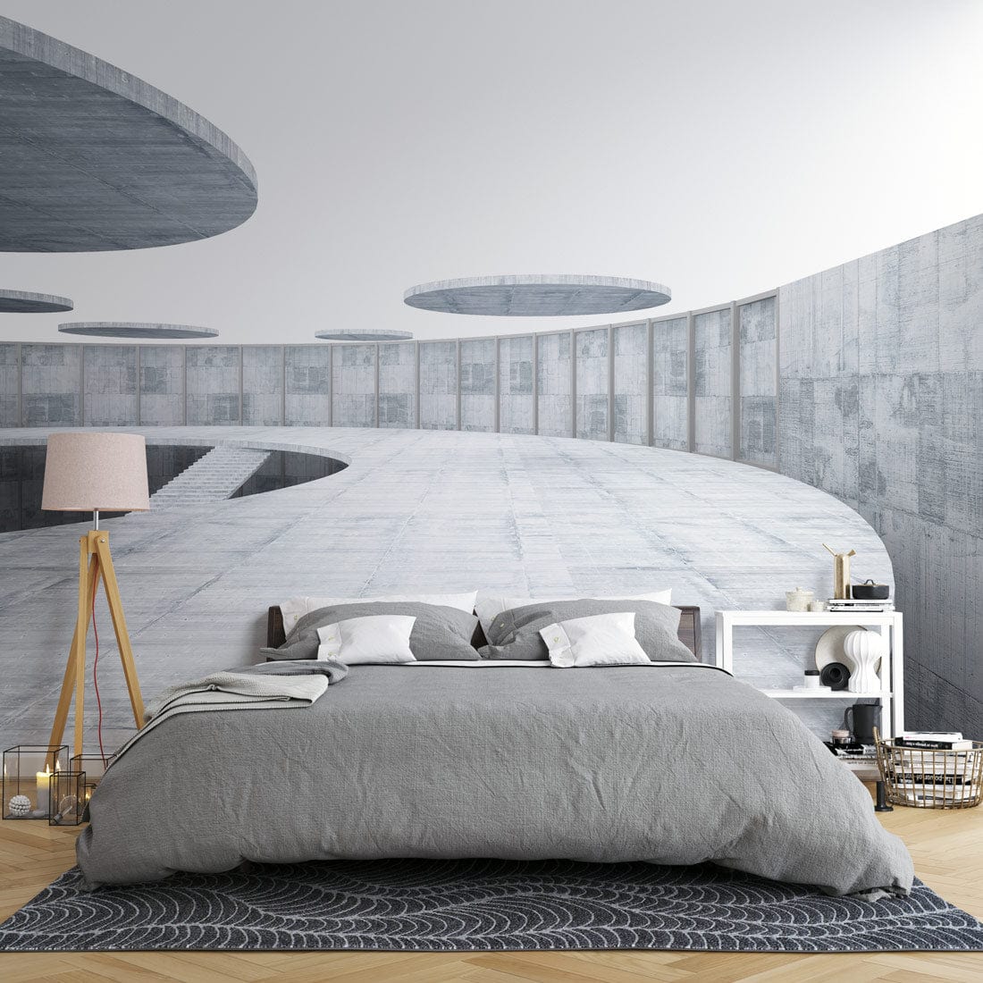Futuristic grey architectural mural wallpaper, modern bedroom with grey bedding, minimalist furnishings, wooden flooring.