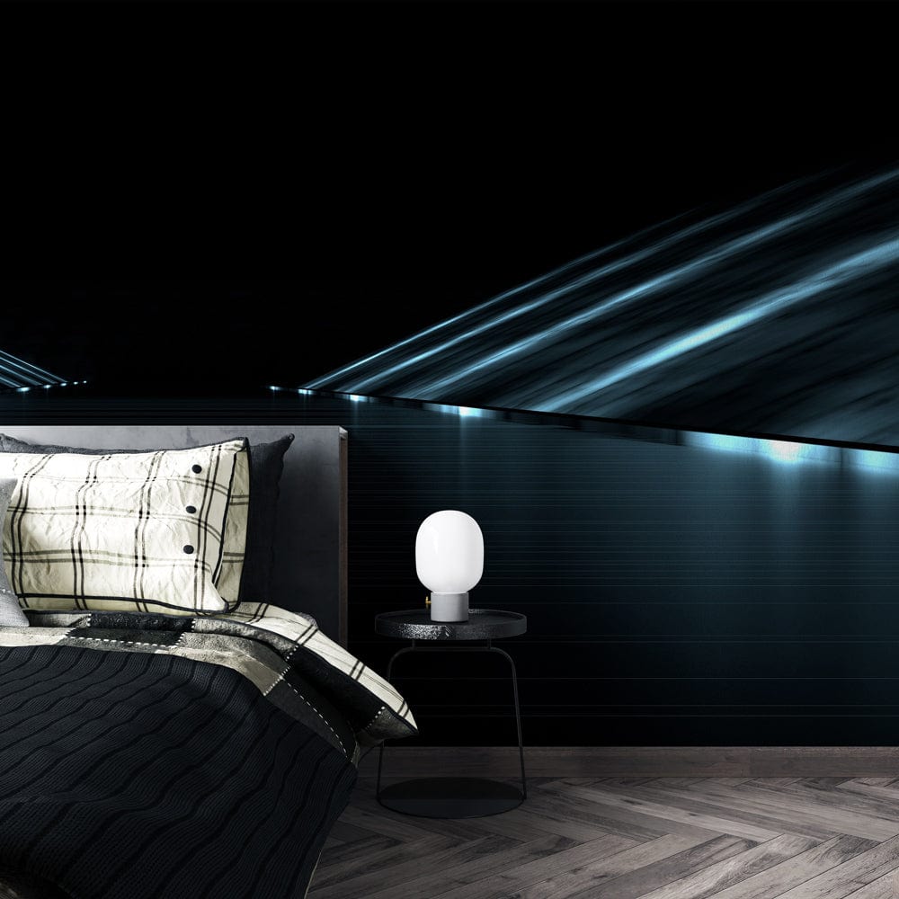 Futuristic Neon Blue sci-fi wall mural wallpaper in bedroom with dark bed and herringbone flooring.