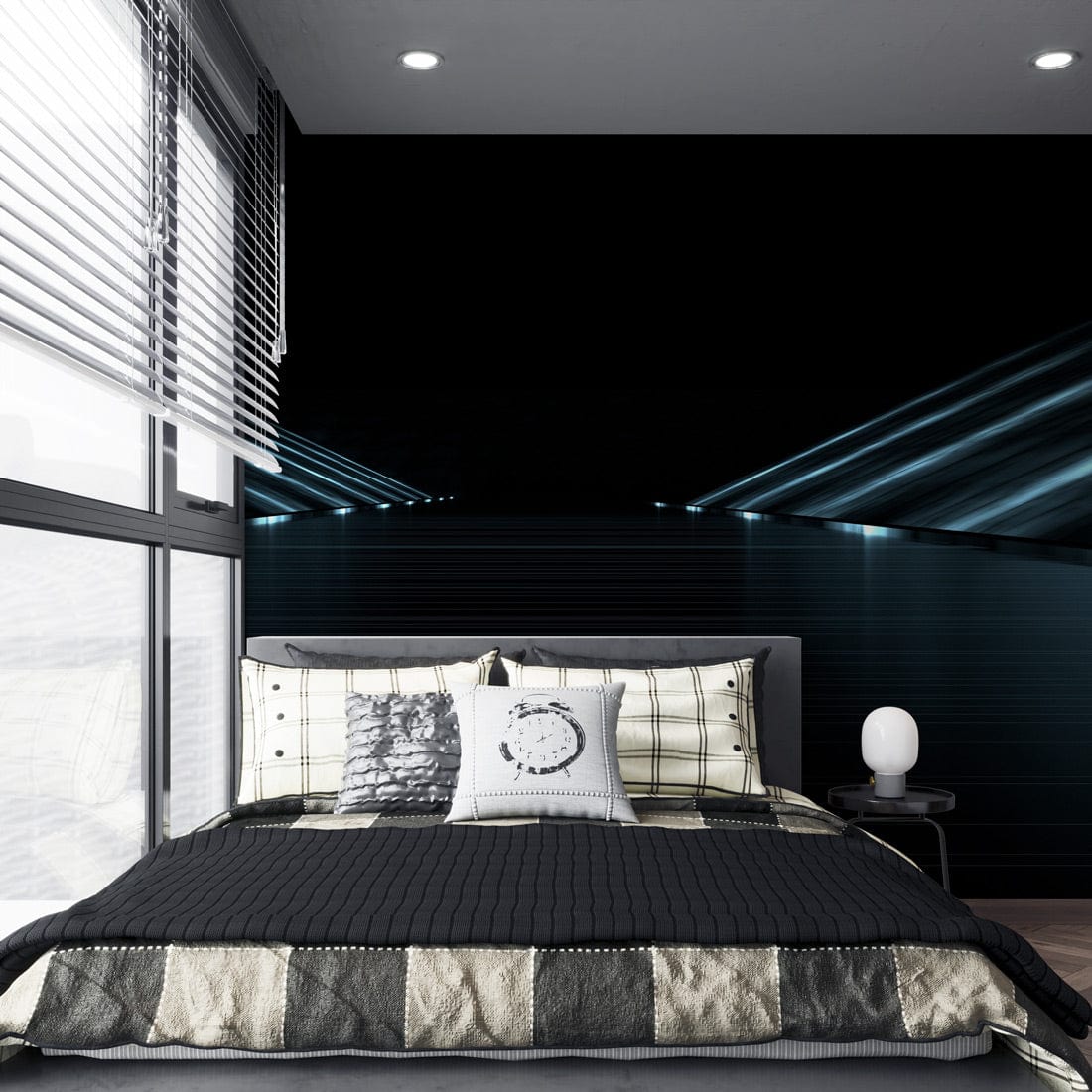 Futuristic Neon Blue Sci-Fi Wall Mural in modern bedroom with black bedding and hardwood flooring.