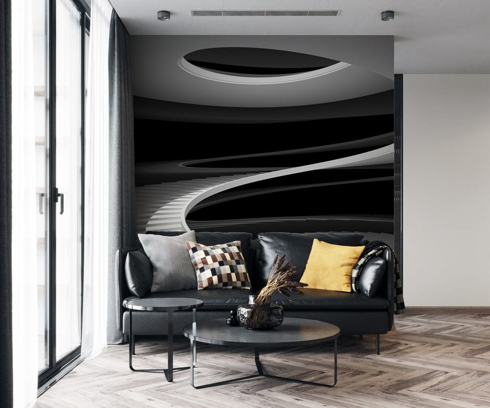 Elegant monochrome spiral staircase wallpaper in modern living room with grey sofa and herringbone flooring.