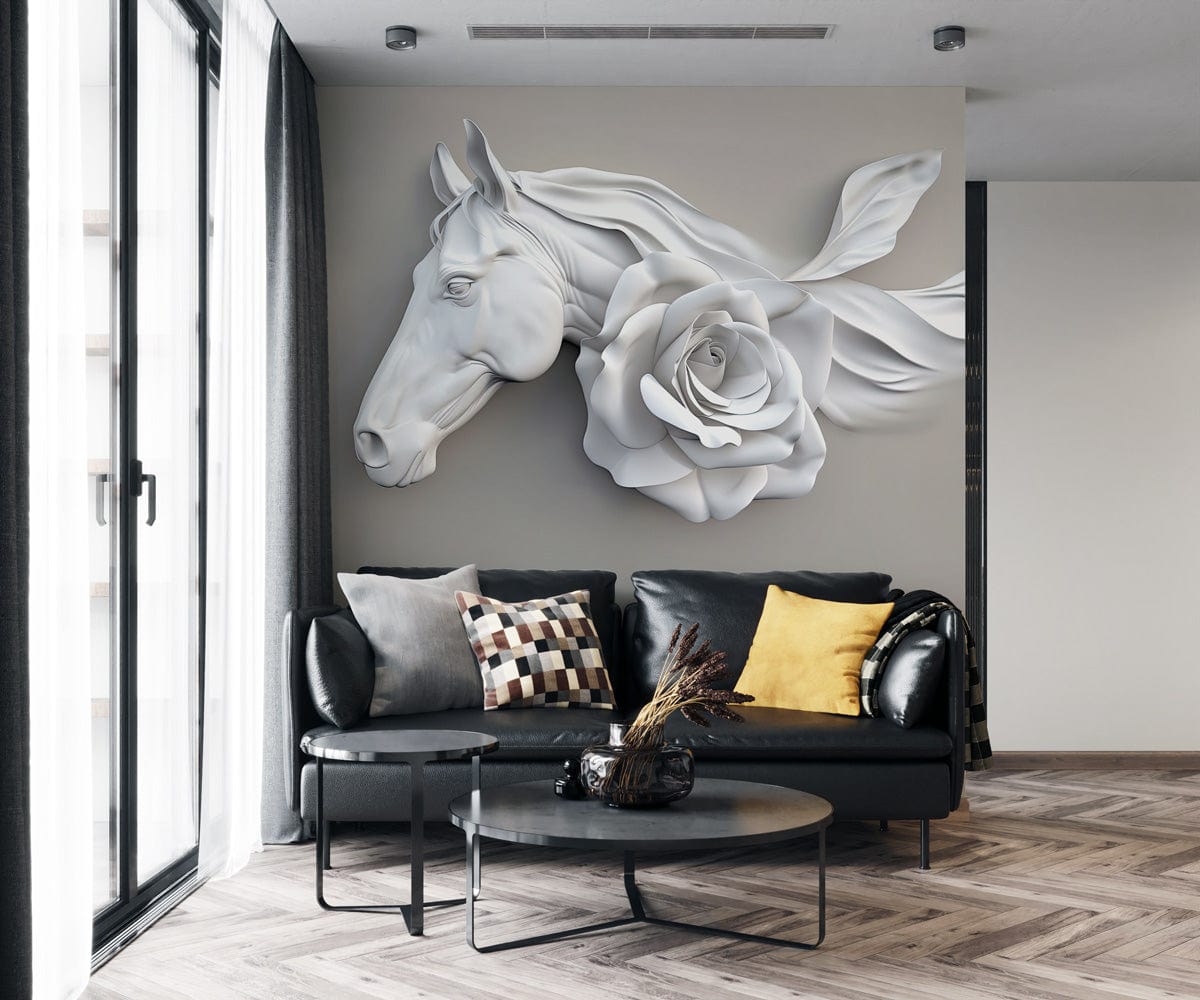 Ethereal horse and rose mural with 3D design, elegant dark sofa, modern living room, wood flooring.