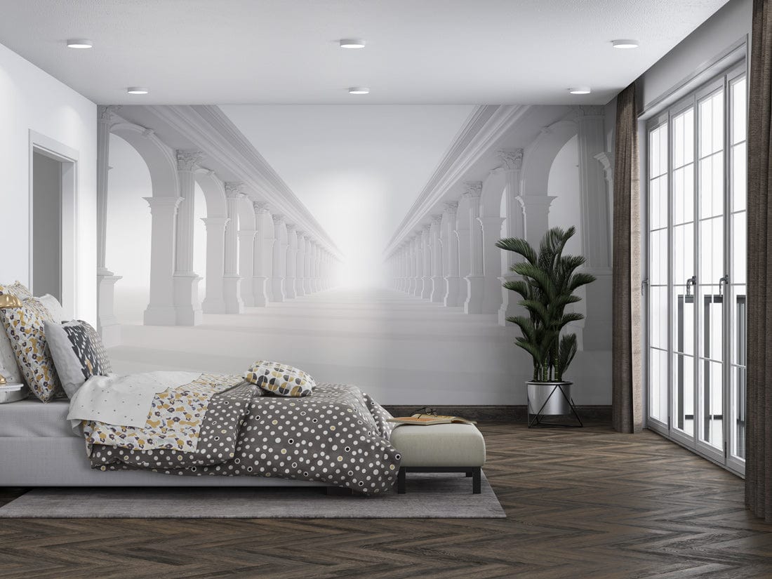 Classic White Roman Archway Illusion Mural Wallpaper in elegant bedroom with wood flooring and grey bed.