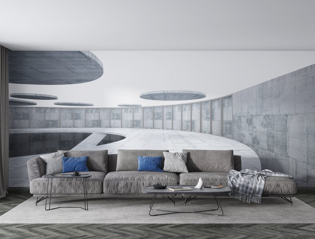 Futuristic concrete mural wallpaper in grey modern interior with grey sofa and geometric flooring.
