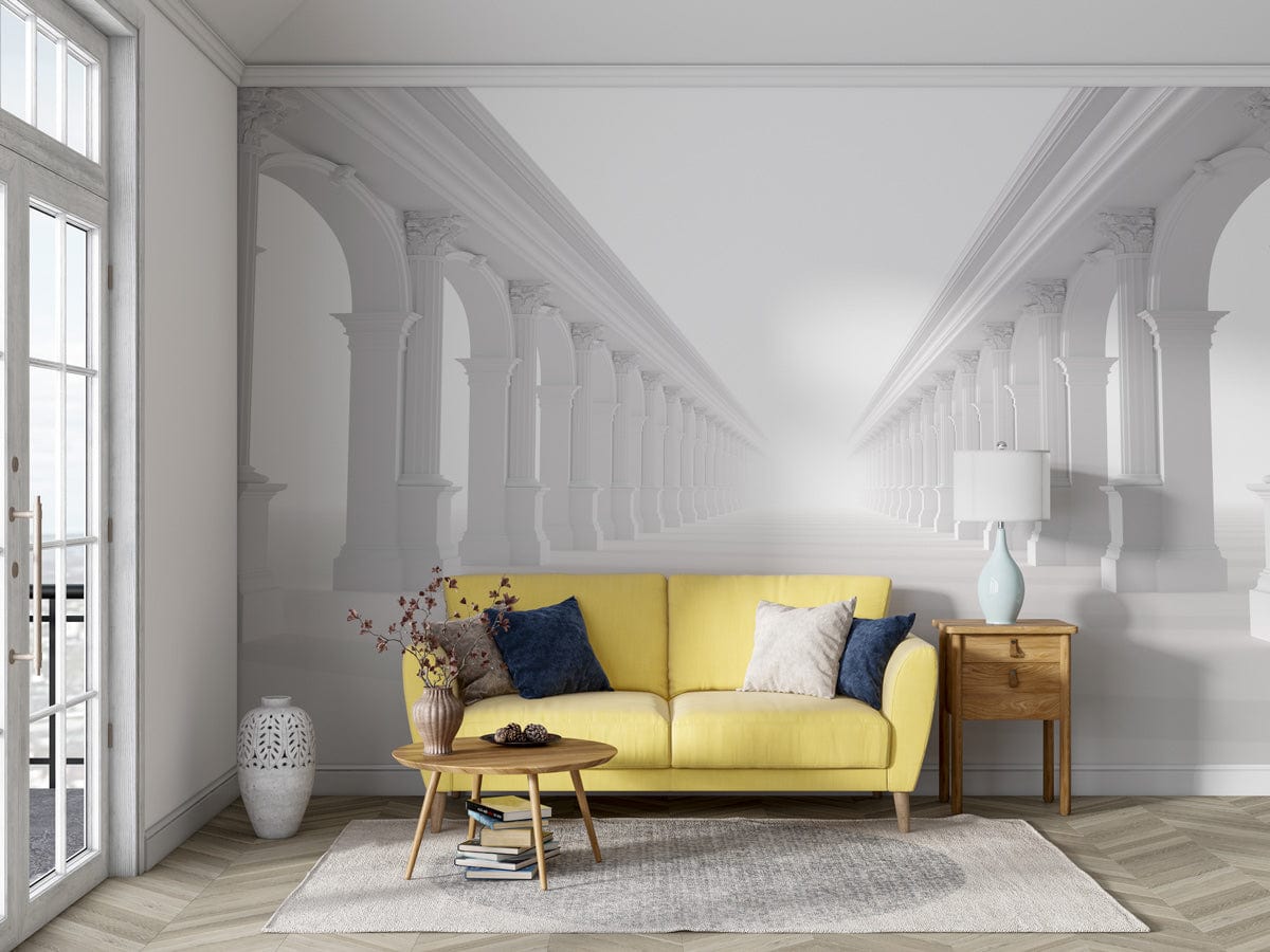 Classic White Roman Archway Illusion Mural in living room with yellow sofa, herringbone flooring.