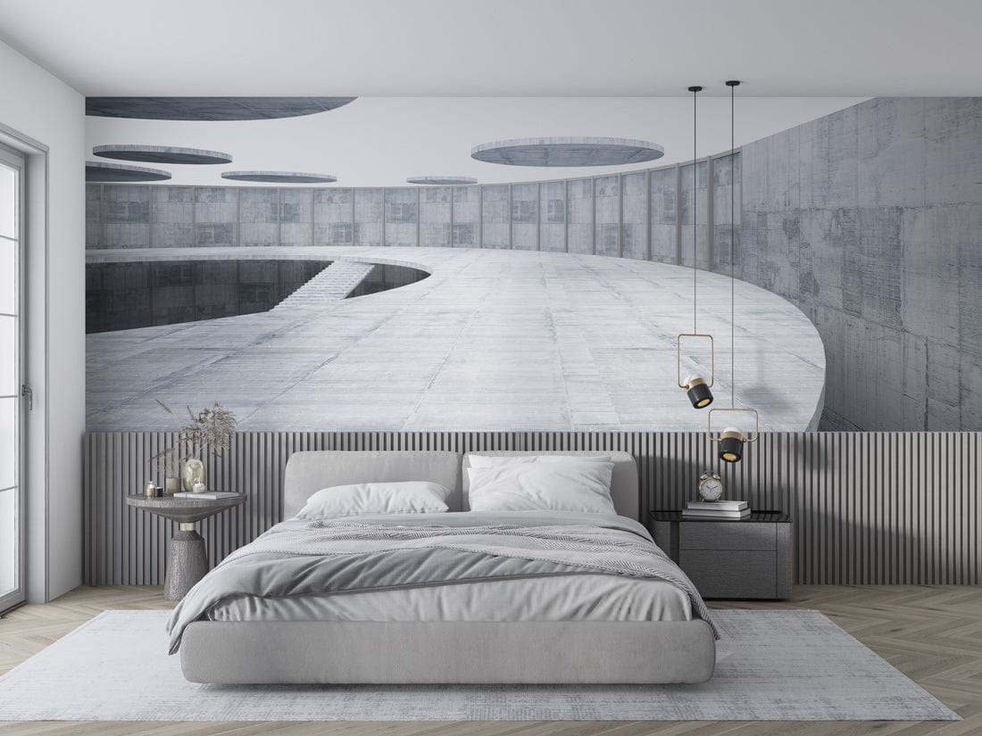 Futuristic concrete mural in modern bedroom, grey bed, herringbone flooring, minimalist decor, pendant lights.