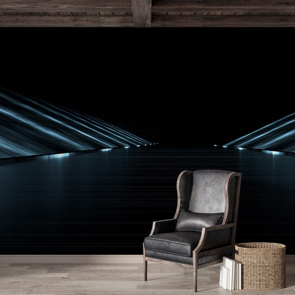 Futuristic neon blue abstract mural with grey armchair, wooden flooring in modern living room setting.