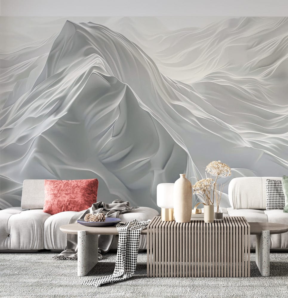 Elegant Alpine Peaks mural wallpaper in serene silver, modern living room, stylish grey sofa, textured flooring.
