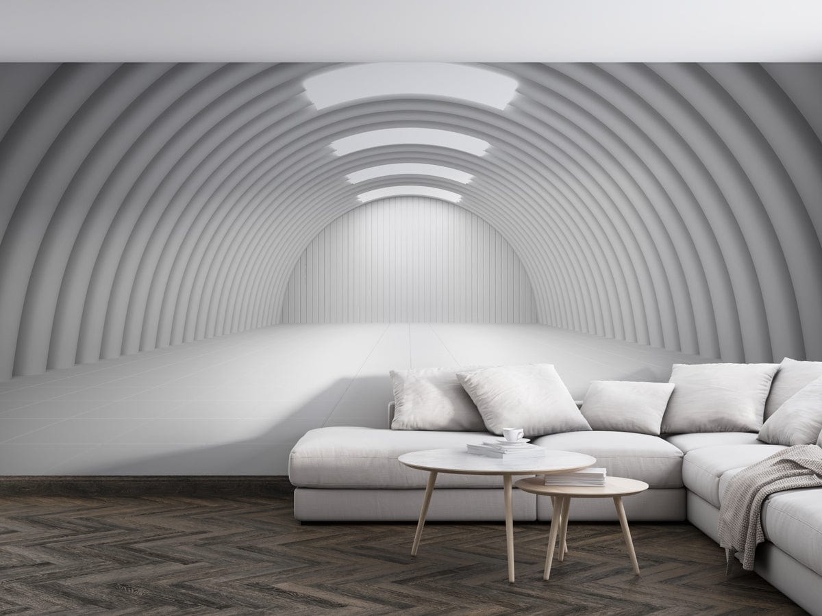 Modern Geometric 3D Mural Wallpaper, white sofa, herringbone floor, minimalist living room design.