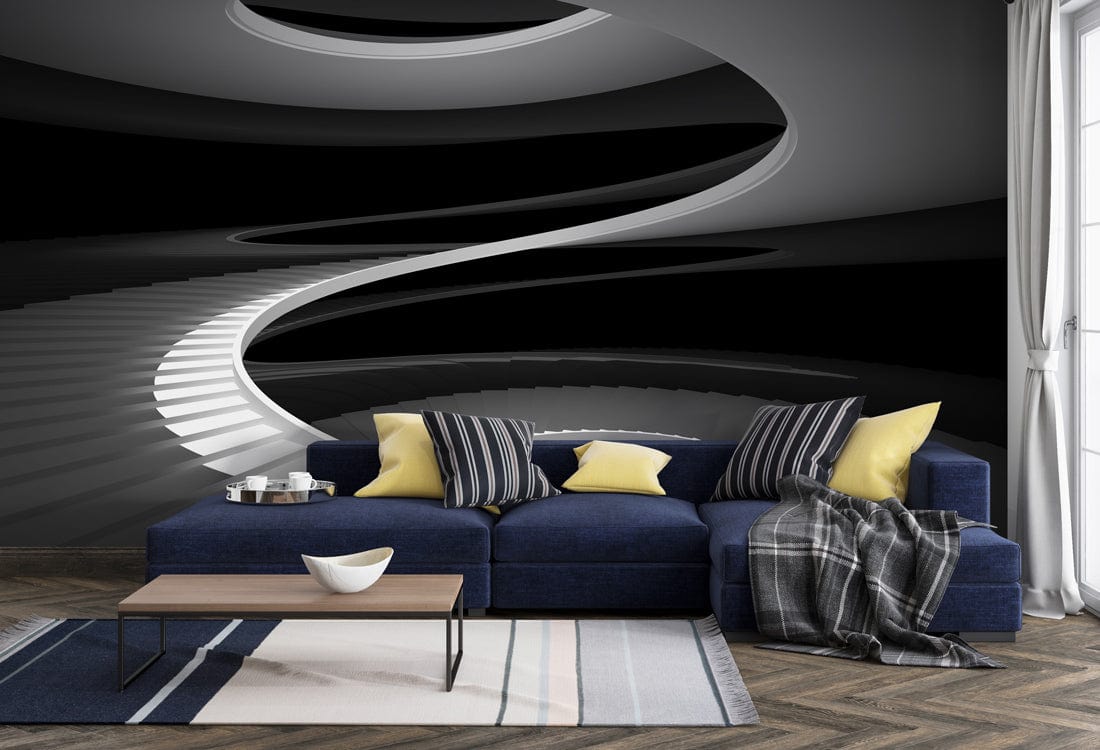 Elegant monochrome spiral staircase mural with navy sofa, chevron flooring, and modern interior style.