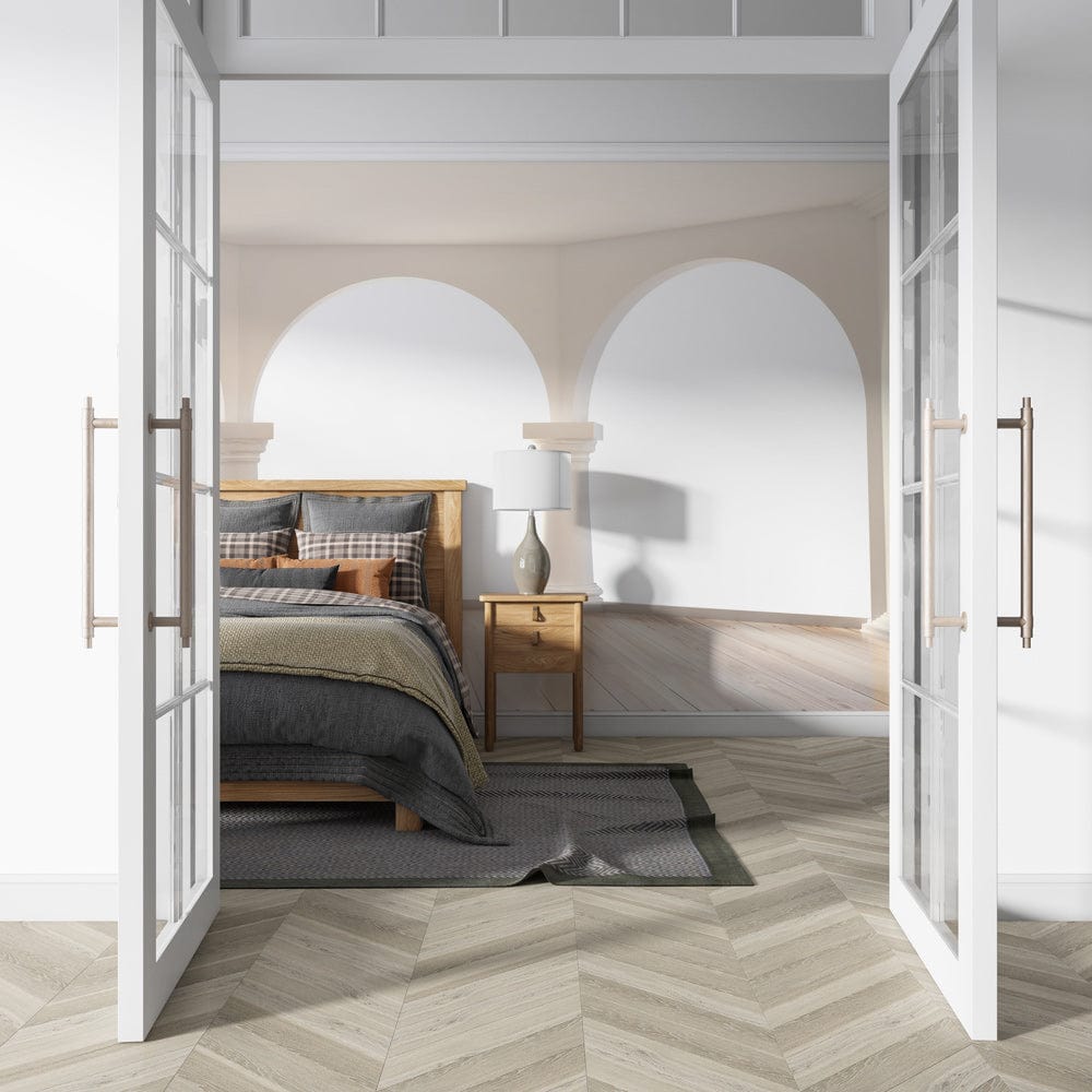 Arched columns wall mural, minimalist white interior, grey bed, chevron flooring, elegant bedroom decor.