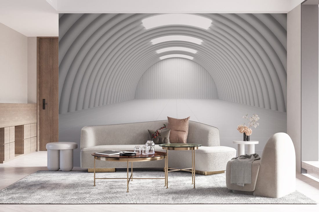Modern Minimalist Tunnel 3D Mural Wallpaper in stylish living room with grey sofa and neutral decor.