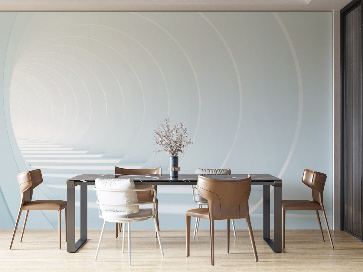 Modern White Tunnel Illusion Mural Wallpaper, contemporary dining room, wooden chairs, minimalist black table.