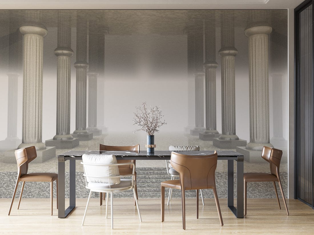 Elegant Greek column mural wallpaper in grey marble design, dining room with brown leather chairs.