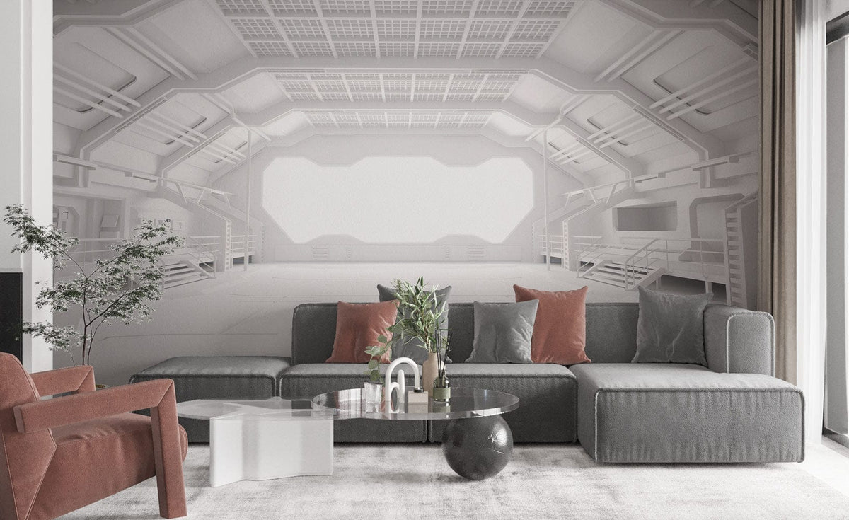 Futuristic spacecraft mural in modern living room with grey sofa, beige armchair, and glass table.
