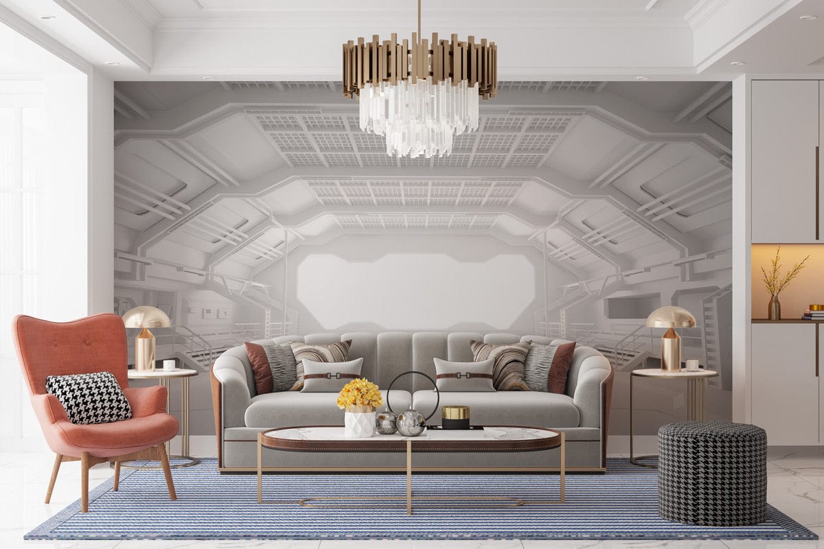 Futuristic white spacecraft mural in modern living room with grey sofa, blue rug, stylish lighting.