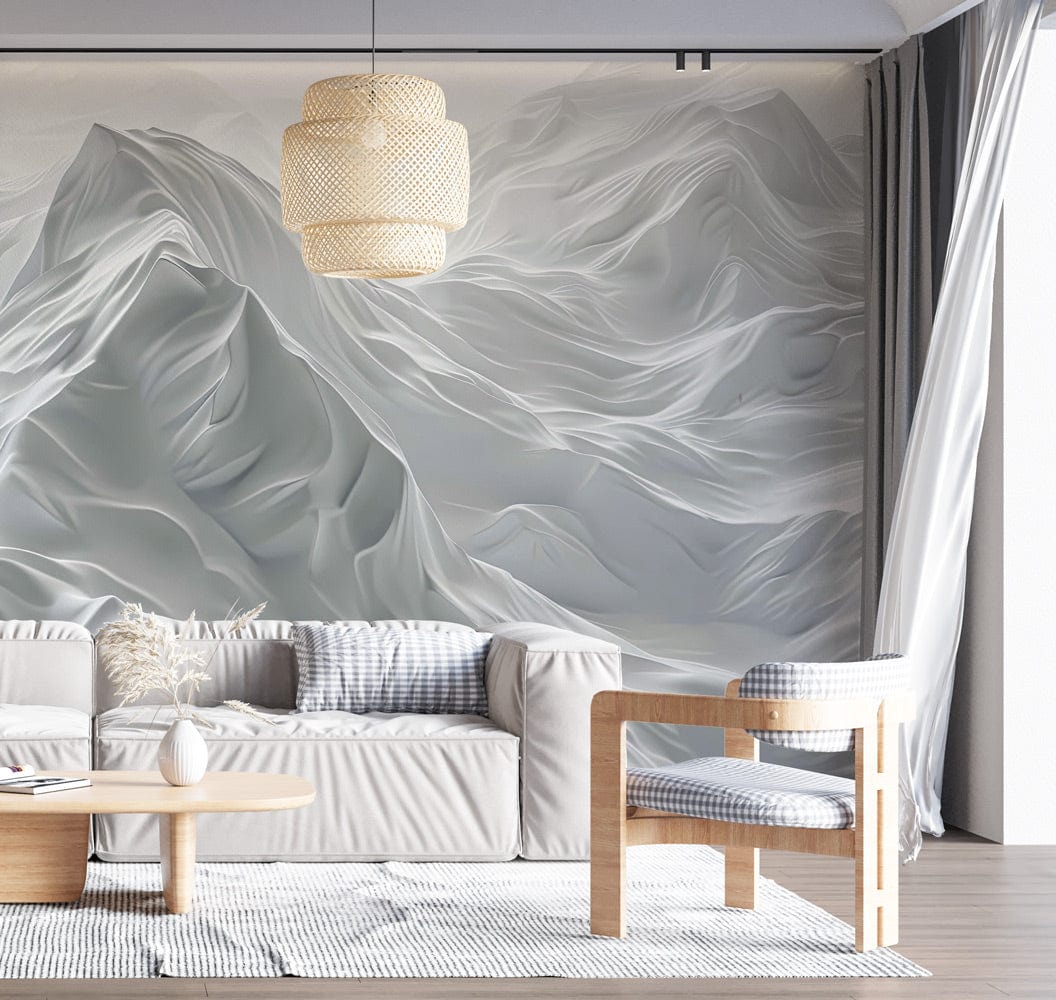 Elegant Alpine Peaks mural, silver tones, modern living room, grey sofa, wooden flooring, stylish pendant.