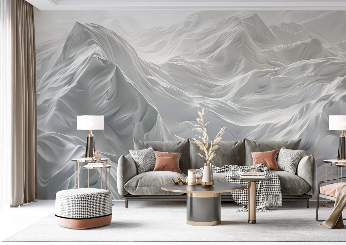 Elegant Alpine Peaks mural wallpaper, serene silver tones; modern living room with grey sofa and round table.