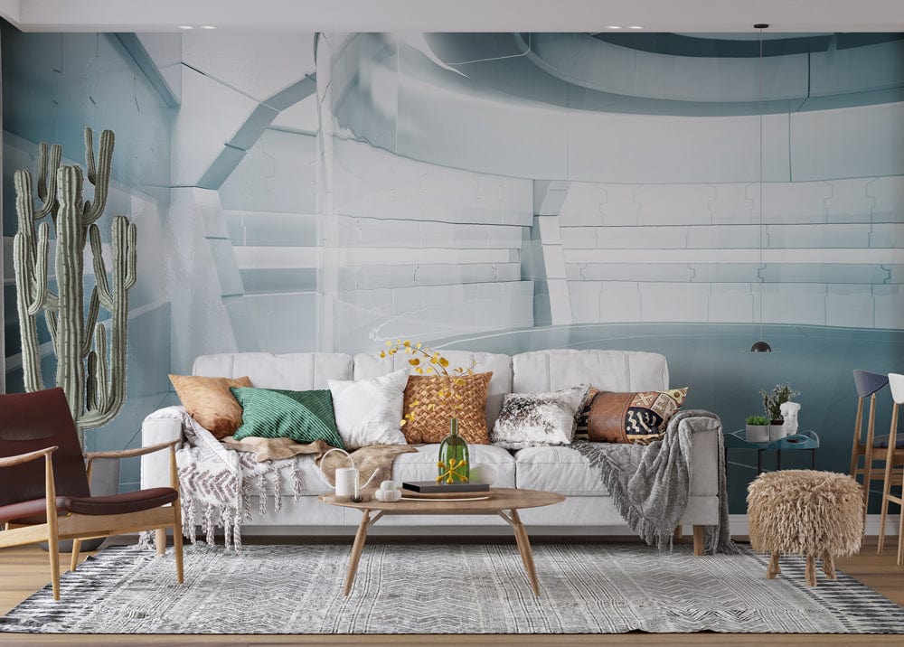 Futuristic 3D mural wallpaper in living room with grey sofa, abstract design, cosy decor, wooden flooring.