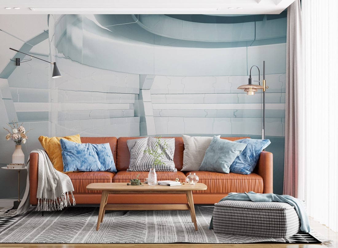 Futuristic mural wallpaper accentuates modern living room; features geometric 3D design, tan sofa, and lamp.