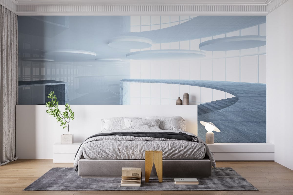 Futuristic grey architectural mural wallpaper in bedroom with modern bed, minimalist decor, and wood flooring.