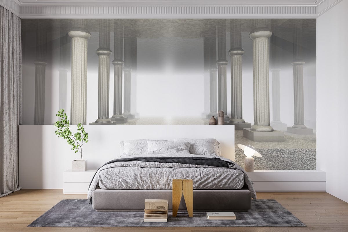 Elegant Greek column mural wallpaper in grey marble, bedroom with grey sofa, wooden flooring, modern decor.