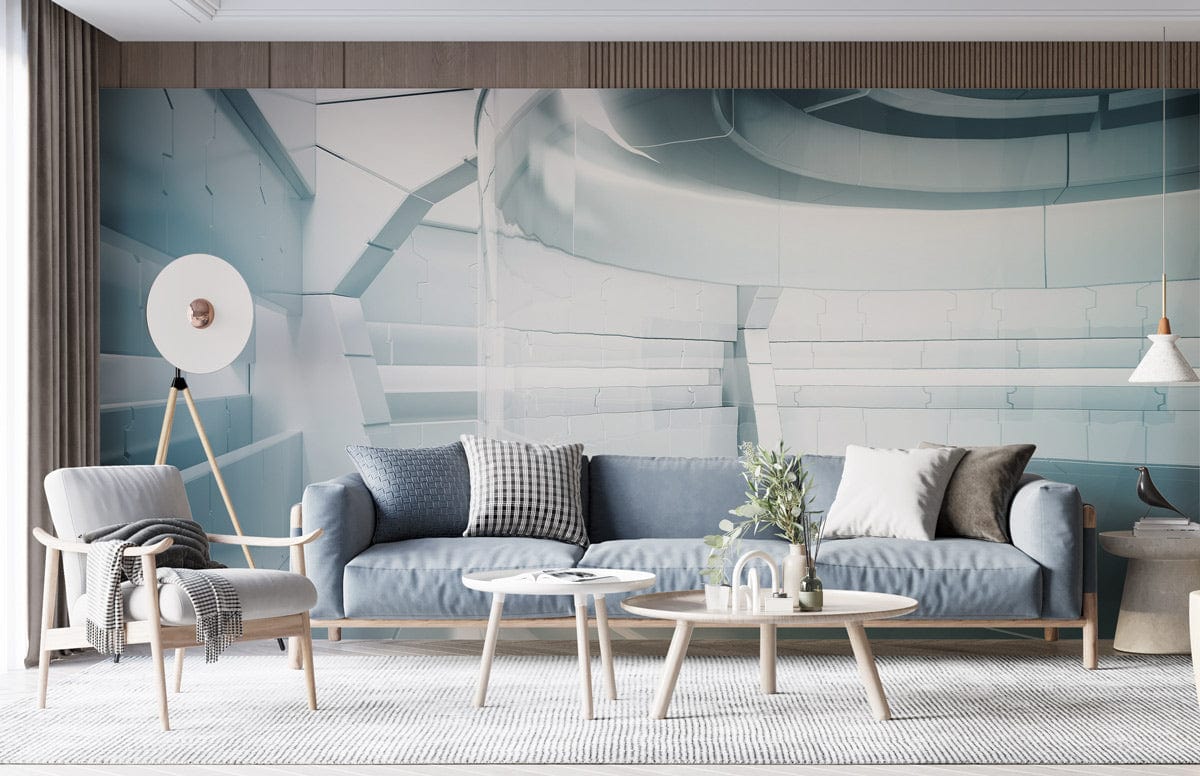 Futuristic 3D Mural Wallpaper Design in lounge with blue sofa, light wood flooring, minimalist decor.