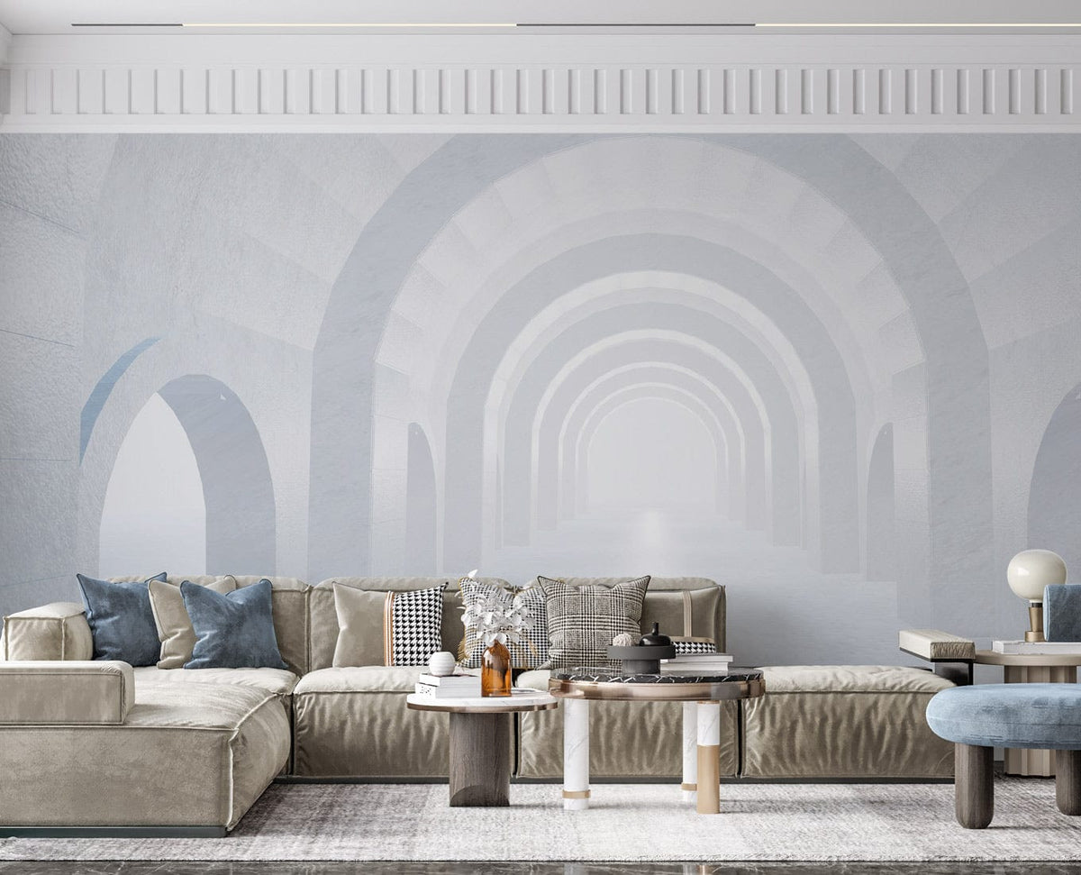 Elegant Soft White Archway Mural Wallpaper in modern living room with beige sofa and grey accents.