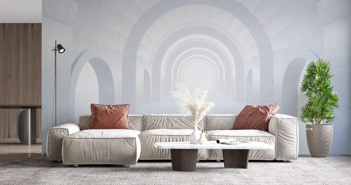 Elegant Soft White Archway 3D Mural Wallpaper in modern living room with grey sofa, plush rug.