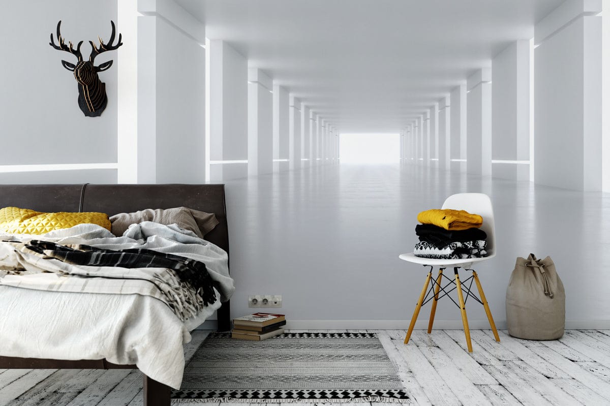 Minimalist wallpaper with architectural illusion, white modern mural, minimalist bedroom, wooden flooring, decorative chair.