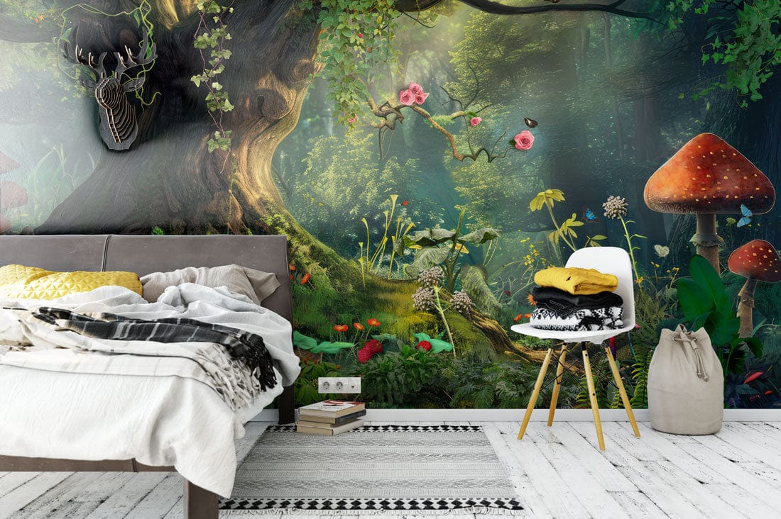 Enchanted Forest Mural Wallpaper features a lush woodland scene, modern bedroom style, white wooden floor.
