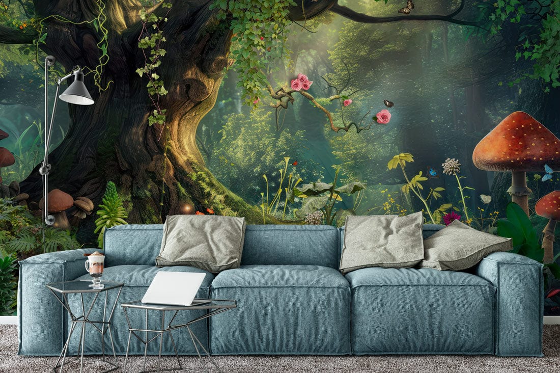 Enchanted Forest Mural Wallpaper with lush greenery, teal sofa, grey carpet, modern floor lamp, mystical decor.