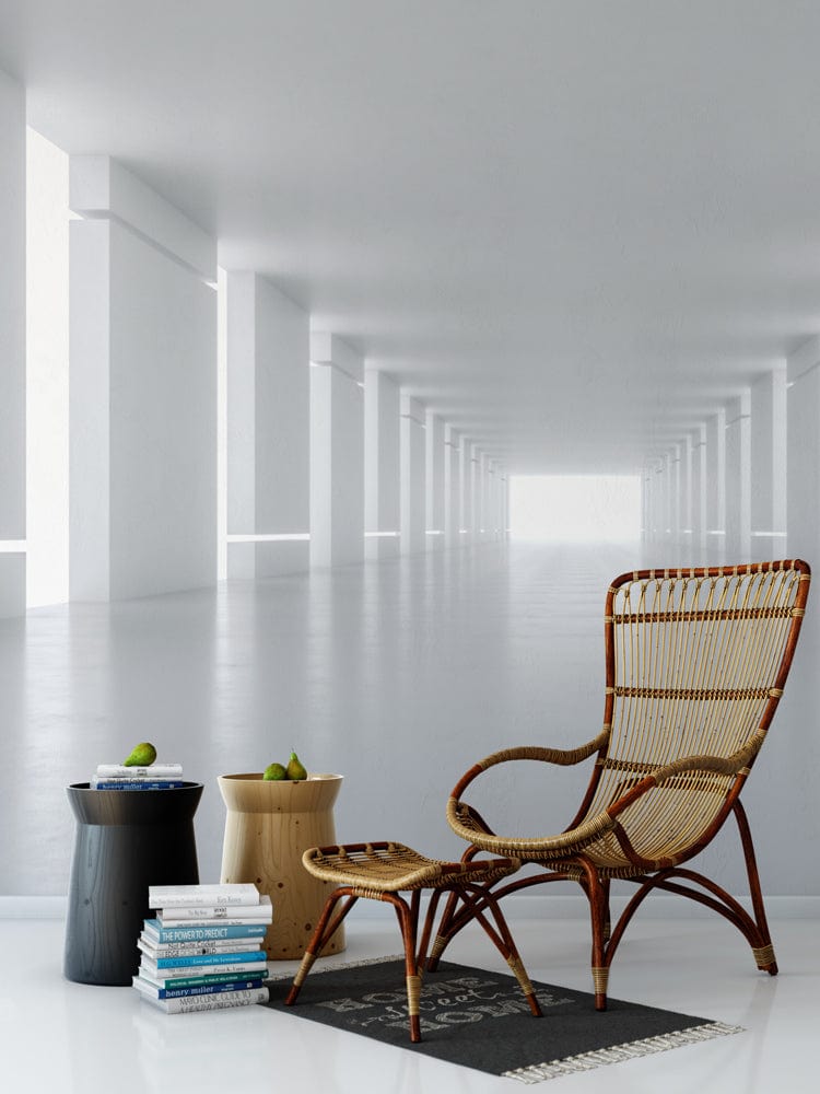 Minimalist Monochrome Architectural Illusion Mural with Rattan Chair, White Flooring in Modern Lounge.