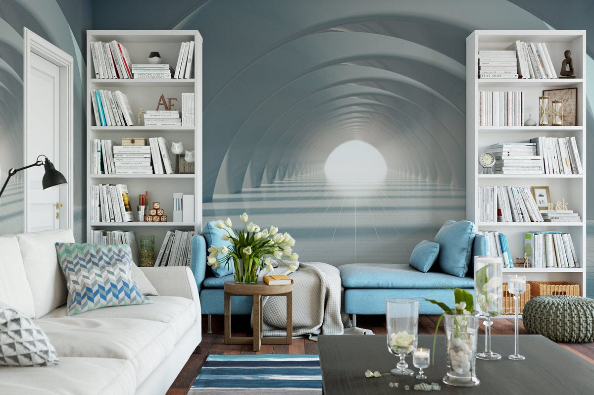 Futuristic grey tunnel mural in a modern lounge with white shelves, blue sofa, and wooden flooring.