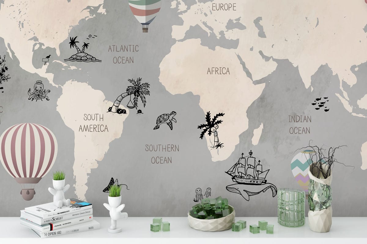 Vintage Adventure World Map Mural with Pastel Balloons in grey room with modern decor elements.