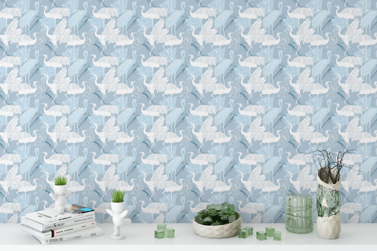 Sky Blue Origami Cranes Wallpaper in elegant living room with white shelf and modern decor elements.