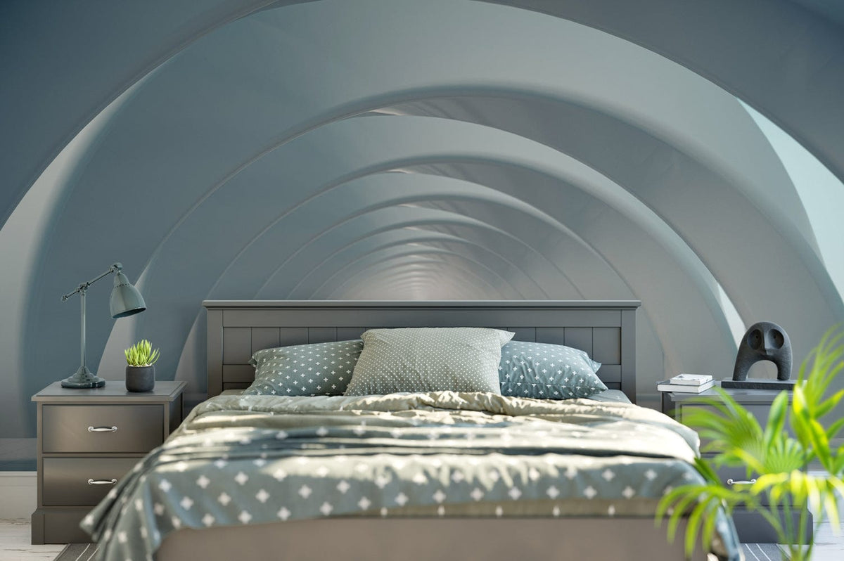 Modern bedroom with Futuristic Grey Tunnel Mural Wallpaper, minimalist decor, grey bed, and sleek bedside tables.