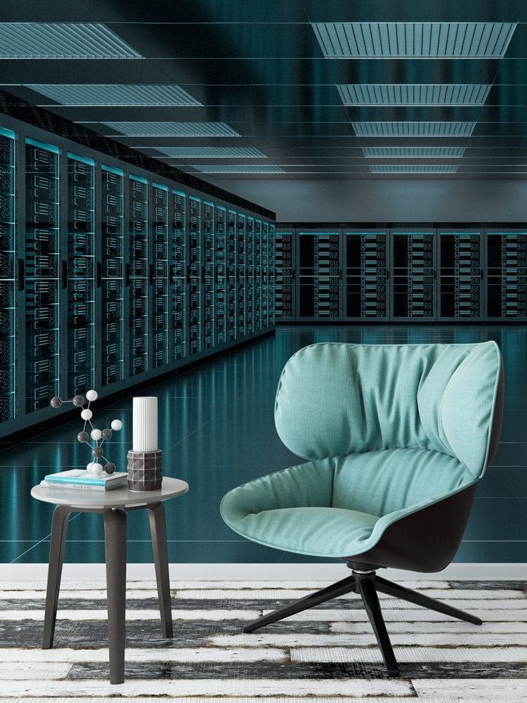 Futuristic data centre mural wallpaper, cool blue-black, cushioned chair, modern striped flooring, sleek design.