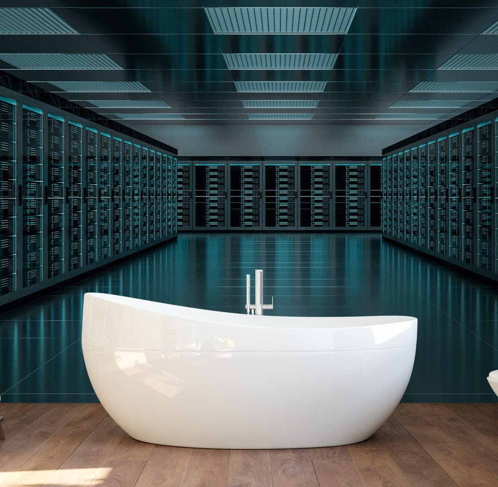Futuristic Data Centre mural wallpaper with bathtub, wood flooring in a modern bathroom setting, cool tones.