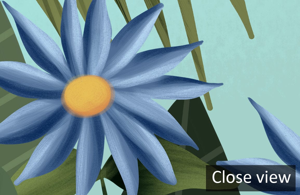 Close-up of Colourful Jungle Animals Mural Wallpaper with Tropical Green Foliage Design in blue flower detail.